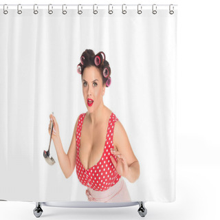 Personality  Emotional Plus Size Housewife With Ladle Looking At Camera Isolated On White Shower Curtains