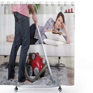 Personality  Man Using Vacuum Cleaner Shower Curtains