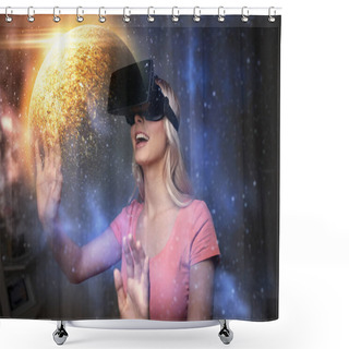 Personality  Woman In Virtual Reality Headset Or 3d Glasses Shower Curtains