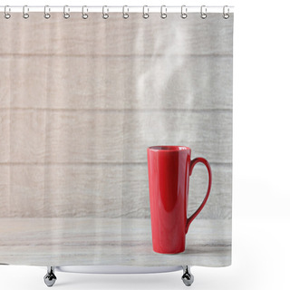 Personality  Red Coffee Cup On Wooden Table Shower Curtains