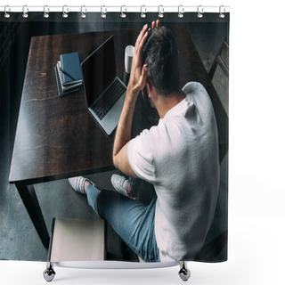 Personality  High Angle View Of Tired Freelancer Remote Working At Table With Laptop In Kitchen At Home Shower Curtains