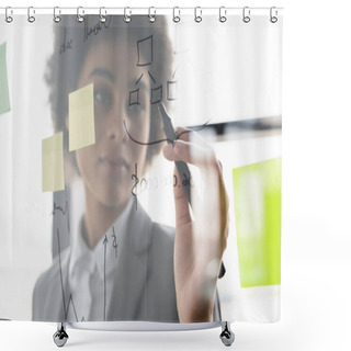 Personality  Blurred African American Businesswoman Writing On Glass Board  Shower Curtains