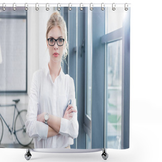 Personality  Confident Businesswoman With Smartphone Shower Curtains