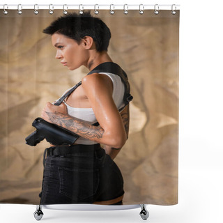 Personality  Side View Of Tattooed Young Archaeologist With Dirty Neck Adjusting Holster With Gun Shower Curtains