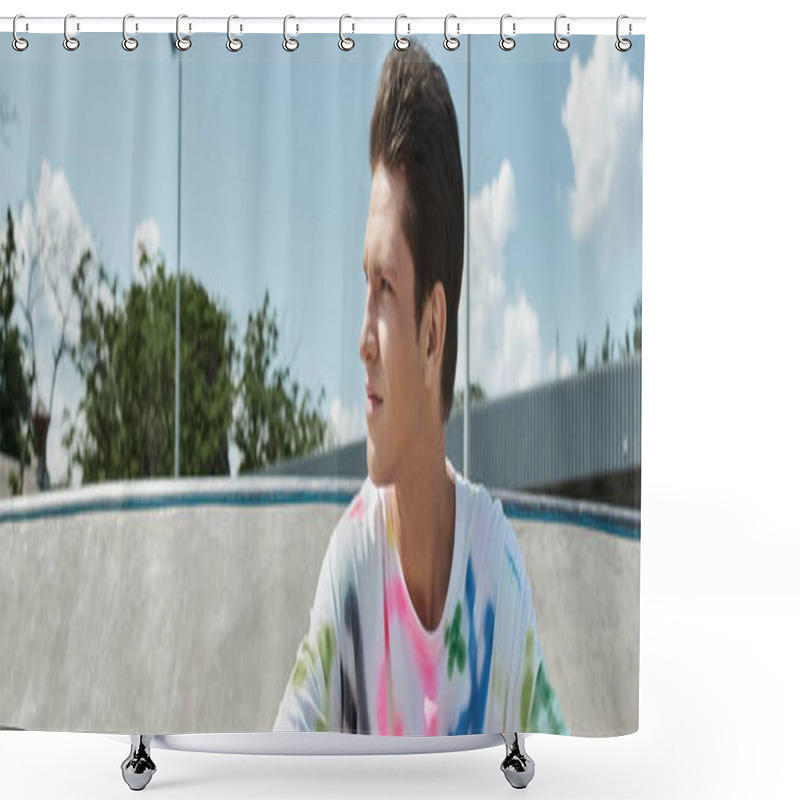 Personality  A Young Skater Boy In Skate Park On A Sunny Summer Day. Shower Curtains