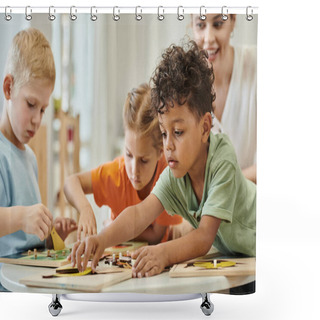 Personality  African American Kid Playing With Didactic Material Near Children And Teacher In Montessori School Shower Curtains