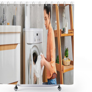 Personality  A Stylish Woman In Casual Clothing Gracefully Places A Cloth Into A Humming Dryer. Shower Curtains