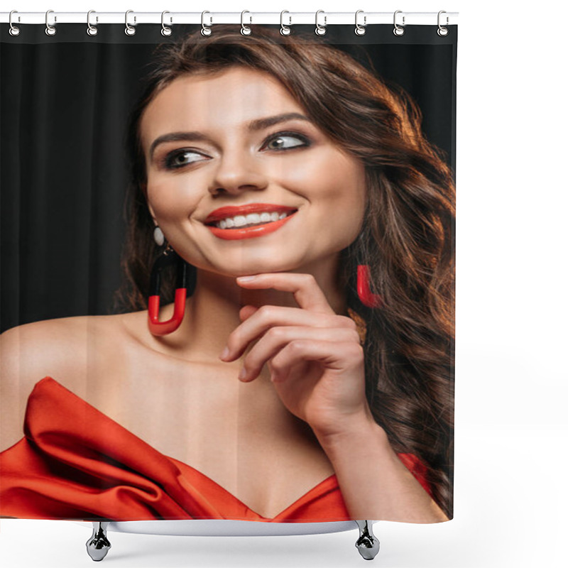 Personality  Portrait Of Smiling Beautiful Brown Haired Girl In Red Corset And Earrings Looking Away Isolated On Black Shower Curtains