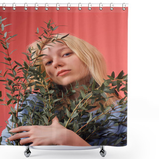 Personality  Attractive Young Woman With Bunch Of Eucalyptus Branches Isolated On Red Shower Curtains