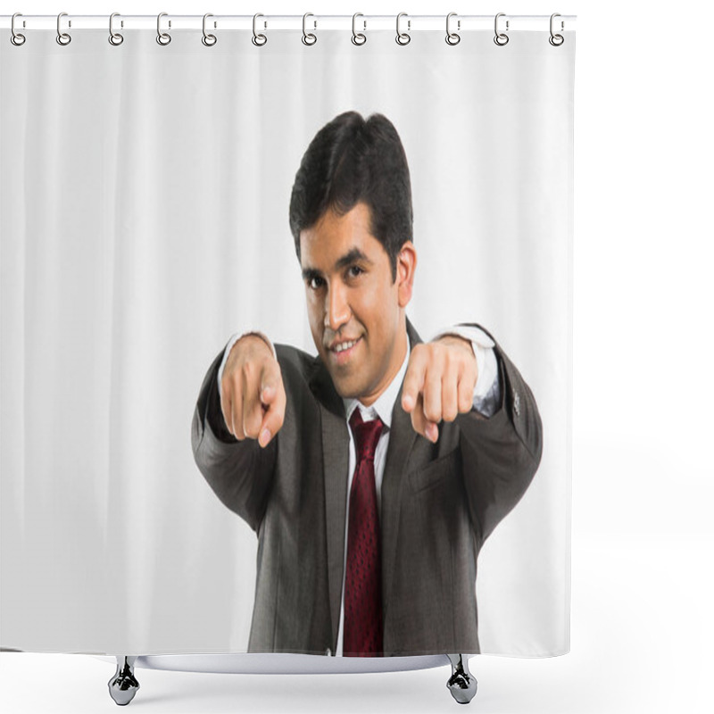 Personality  I Want You Concept - Young Indian Businessman Choosing You By Pointing Index Fingers Of Both Hands At Camera Or You, Standing Isolated Over White Background Shower Curtains