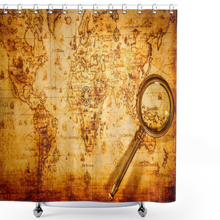 Personality  Vintage Magnifying Glass Lies On An Ancient World Map Shower Curtains
