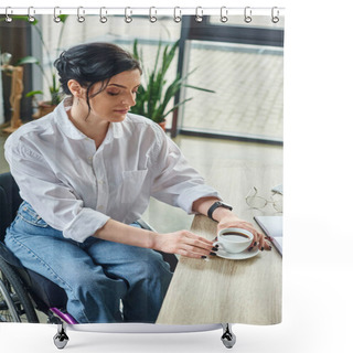 Personality  Attractive Disabled Woman In Stylish Attire In Wheelchair Drinking Her Coffee While At Workplace Shower Curtains