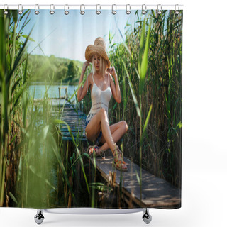 Personality  Beautiful Girl In Straw Hat Sits By The River On Masonry	 Shower Curtains