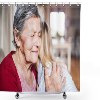 Personality  An Elderly Grandmother With An Adult Granddaughter At Home, Hugging. Shower Curtains