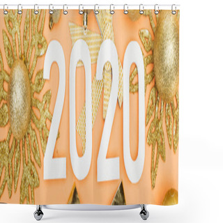 Personality  Top View Of White 2020 Numbers On Golden Christmas Decoration On Orange Background, Panoramic Shot Shower Curtains