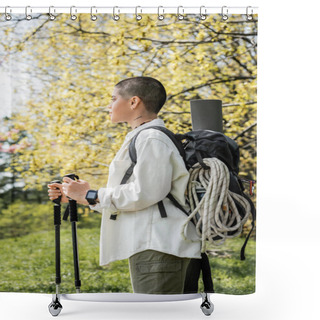 Personality  Side View Of Young Short Haired And Tattooed Female Hiker With Backpack And Climbing Rope Holding Trekking Poles And Walking On Blurred Nature, Independent Traveler Embarking On Solo Journey Shower Curtains