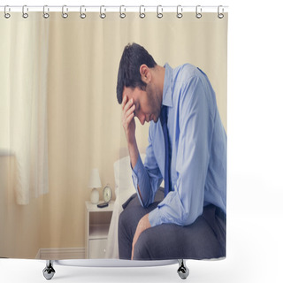 Personality  Depressed Man Sitting Head In Hands On His Bed Shower Curtains