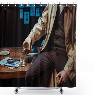Personality  Partial View Of Detective Pouring Cognac In Glass While Sitting On Table Shower Curtains