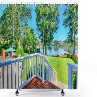 Personality  Large Fenced Backyard With Green Garden And Cozy Patio Area. Shower Curtains