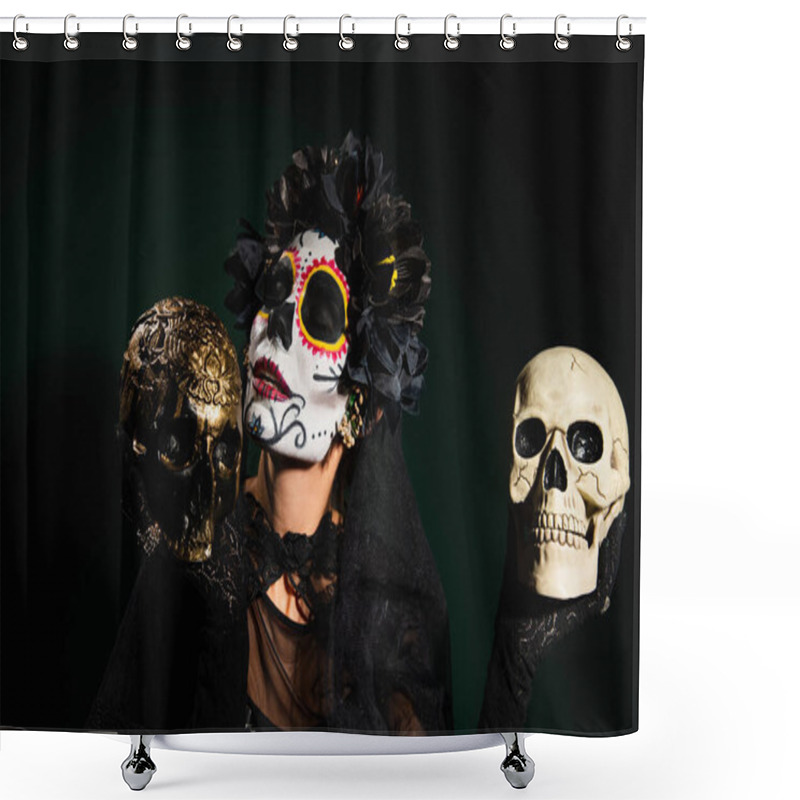 Personality  Woman In Mexican Santa Muerte Costume Holding Skulls On Dark Green Background  Shower Curtains