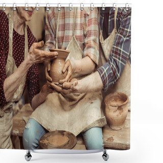 Personality  Cropped Image Of Grandmother And Grandfather With Granddaughter Making Pottery At Workshop Shower Curtains