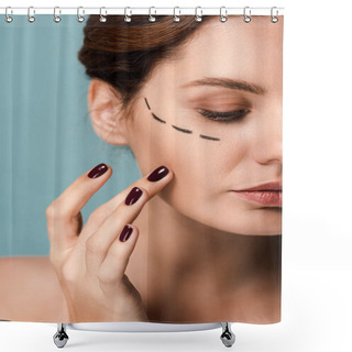 Personality  Cropped View Of Woman Touching Face With Marked Lines Isolated On Blue  Shower Curtains