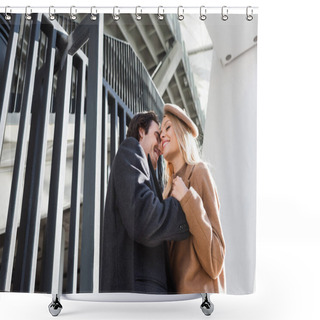 Personality  Low Angle View Of Romantic Couple With Closed Eyes Embracing Near Fence In City Shower Curtains