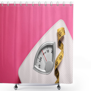 Personality  Weight Loss Concept. Scales And Measuring Tape On Pink Background, Top View. Space For Text Shower Curtains