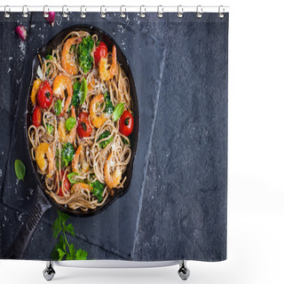 Personality  Whole Grain Spaghetti Pasta With Shrimps And Broccoli, Top View Shower Curtains