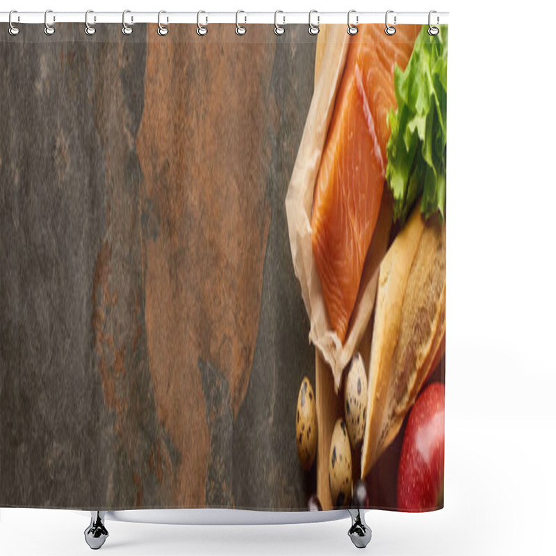 Personality  Panoramic shot of wooden cutting board with raw salmon on parchment paper near quail eggs, baguette, apple and lettuce on marble surface shower curtains