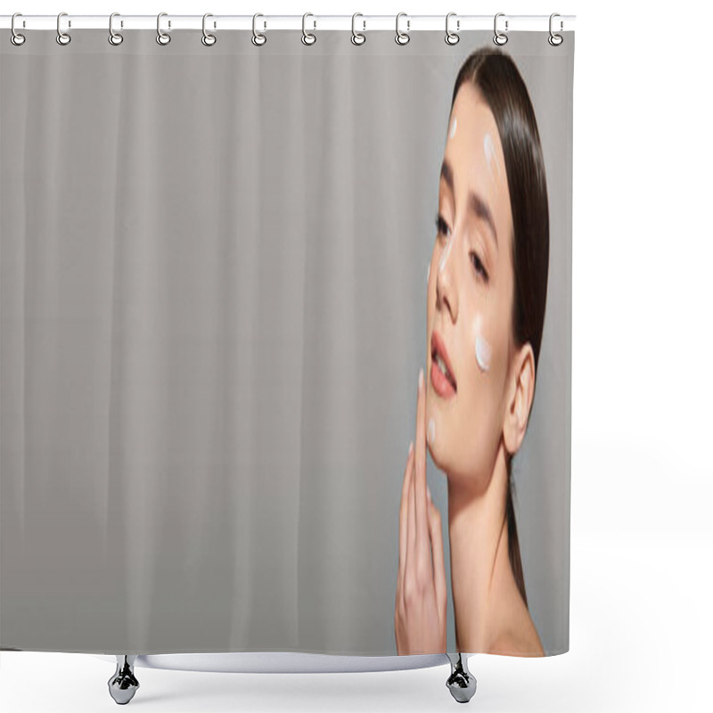 Personality  A Young Woman With Brunette Hair Poses Gracefully With A Generous Amount Of Cream Covering Her Face. Shower Curtains