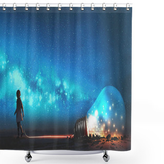 Personality  Boy Pulled The Big Bulb Half Buried In The Ground Against Night Sky With Stars And Space Dust, Digital Art Style, Illustraation Painting Shower Curtains