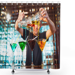 Personality  Barman Show. Bartender Pours Alcoholic Cocktails At The Bar. Shower Curtains