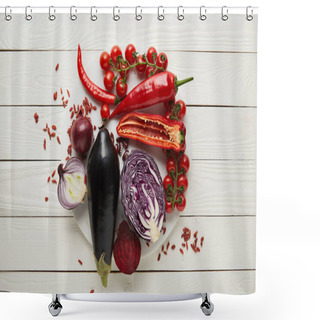 Personality  Top View Of Fresh Vegetables On Textured Wooden Surface Shower Curtains