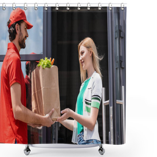 Personality  Smiling Courier Giving Shopping Bag With Vegetables To Young Woman Near Building On Urban Street  Shower Curtains