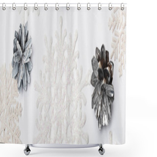 Personality  Top View Of Winter Snowflakes And Cones On White Background, Banner Shower Curtains