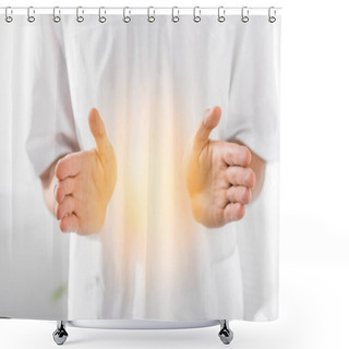 Personality  Cropped View Of Healer Cleaning Aura On White Shower Curtains
