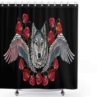 Personality  Fashion  Wolf Head Red Roses And Wings, Rock Print For Clothes, Textiles, T-shirt Design Shower Curtains