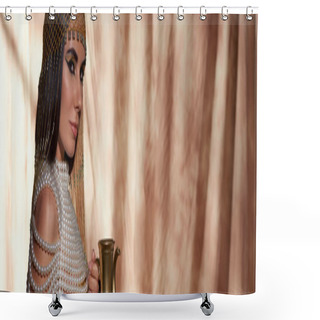 Personality  Elegant Woman In Egyptian Headdress And Pearl Top Holding Golden Jug On Abstract Background, Banner Shower Curtains