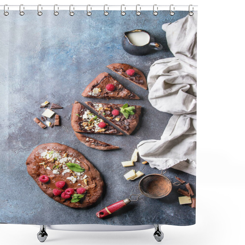 Personality  Whole and slised homemade dessert chocolate pizza with different chocolates, raspberries and mint served on ceramic pale with cloth and ingredients above over blue texture background. Top view, space. shower curtains