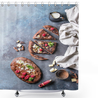 Personality  Whole And Slised Homemade Dessert Chocolate Pizza With Different Chocolates, Raspberries And Mint Served On Ceramic Pale With Cloth And Ingredients Above Over Blue Texture Background. Top View, Space. Shower Curtains