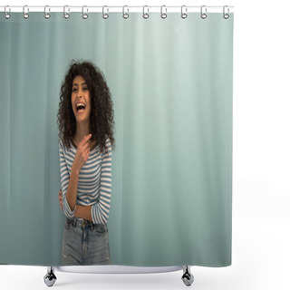 Personality  Excited Bi-racial Girl Laughing While Pointing With Finger On Grey Background Shower Curtains