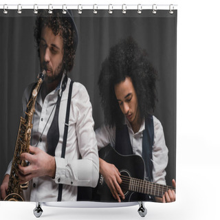 Personality  Duet Of Musicians Playing Sax And Guitar On Black Shower Curtains
