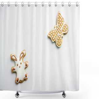 Personality  Gingerbread Cookies In The Shape Of Easter Bunny And Butterflies, Covered With White And Chocolate Icing-sugar, On White Table Shower Curtains