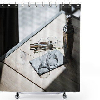 Personality  High Angle View Of Shiny Empty Glasses On Slate Board, Shaker And Tongs On Wooden Table  Shower Curtains