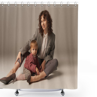 Personality  Parenting And Family, Balanced Lifestyle, Cheerful Mother With Curly Hair Hugging Toddler Daughter On Grey Background, Quality Time, Modern Woman, Businesswoman, Loving Motherhood   Shower Curtains