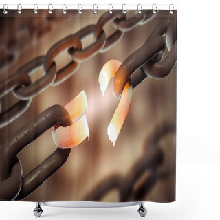 Personality  Broken Hot Chain Link Over Blurred Chains Background. Concept Of A Weak Link, Slavery And Freedom In Business And Life In General. 3d Rendering Copy Space Shower Curtains