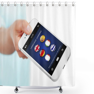 Personality  Hand Holding Mobile Phone With Language Learning Application Ove Shower Curtains