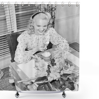 Personality  Woman Sitting At A Breakfast Table Shower Curtains