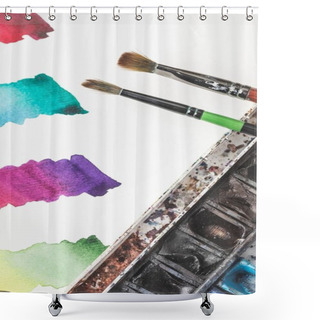 Personality  Close-up View Of Colorful Watercolor Strokes In Drawing Album, Paints And Paintbrushes  Shower Curtains